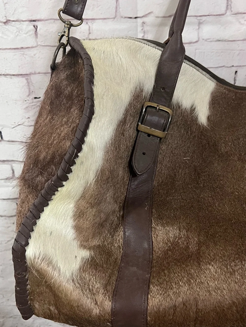 Large Vintage Hair on Hide Leather Travel Bag Western Brindle Cowhide Weekender